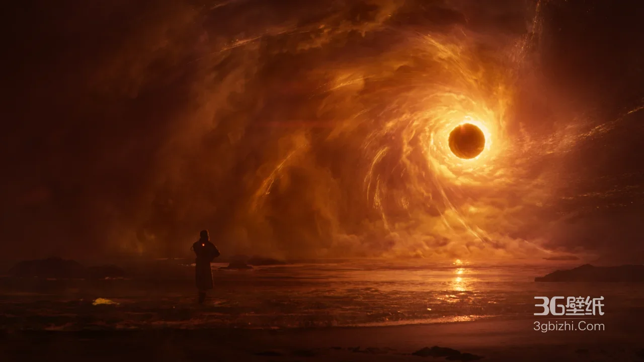 海岸观测者剪影·暗黑科幻天体漩涡 超现实电脑壁纸1