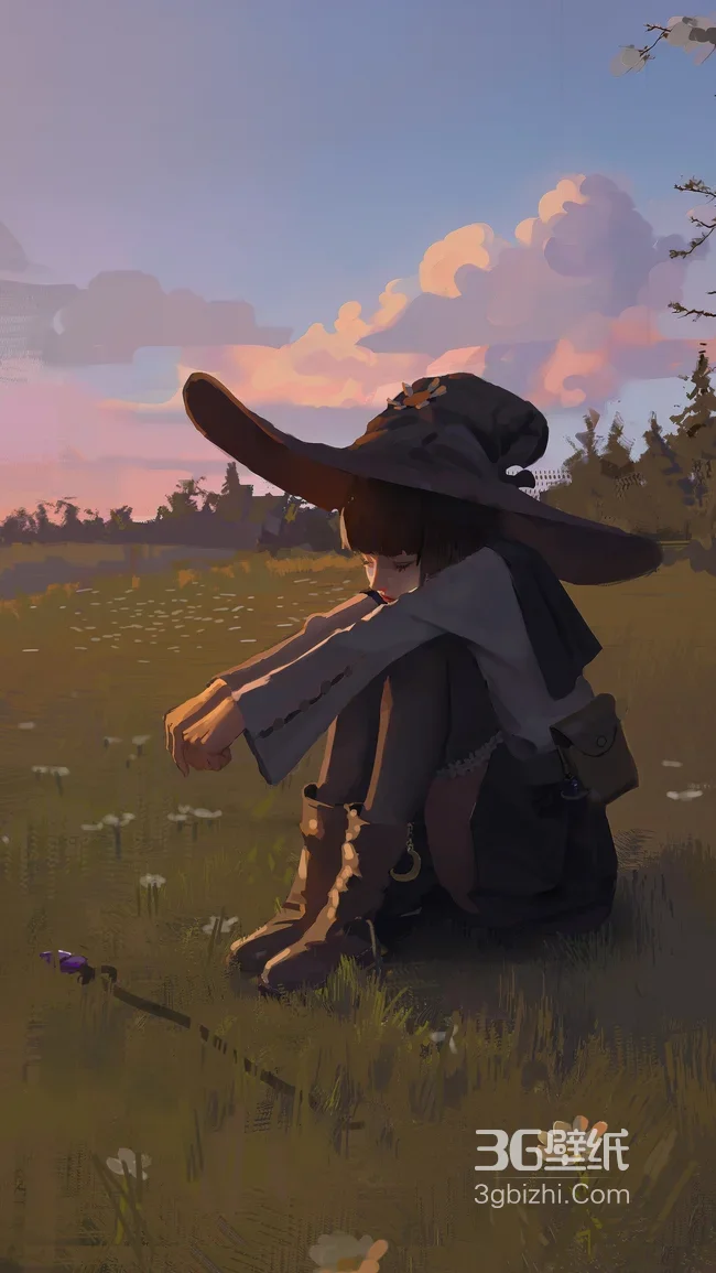 巫师帽少女·黄昏草地沉思 唯美二次元治愈系手机壁纸1