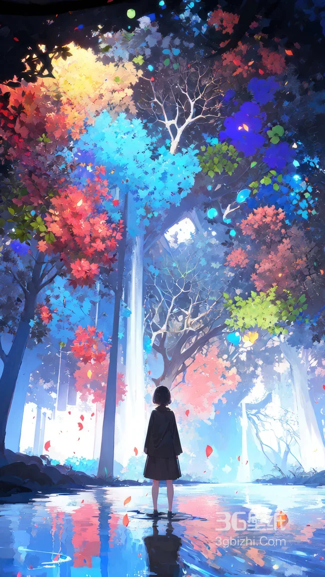 缤纷森林水影少女背影·二次元梦幻唯美插画 治愈系手机壁纸1