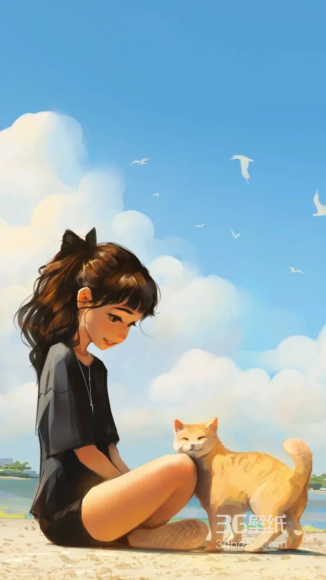 少女与橘猫·唯美治愈插画风 海边夏日手机壁纸1