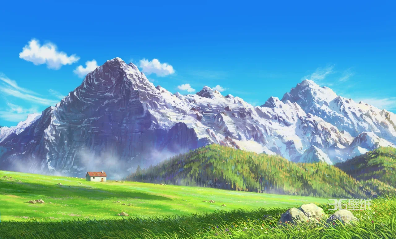 雪山草甸小屋·唯美动漫风插画 治愈系电脑壁纸1