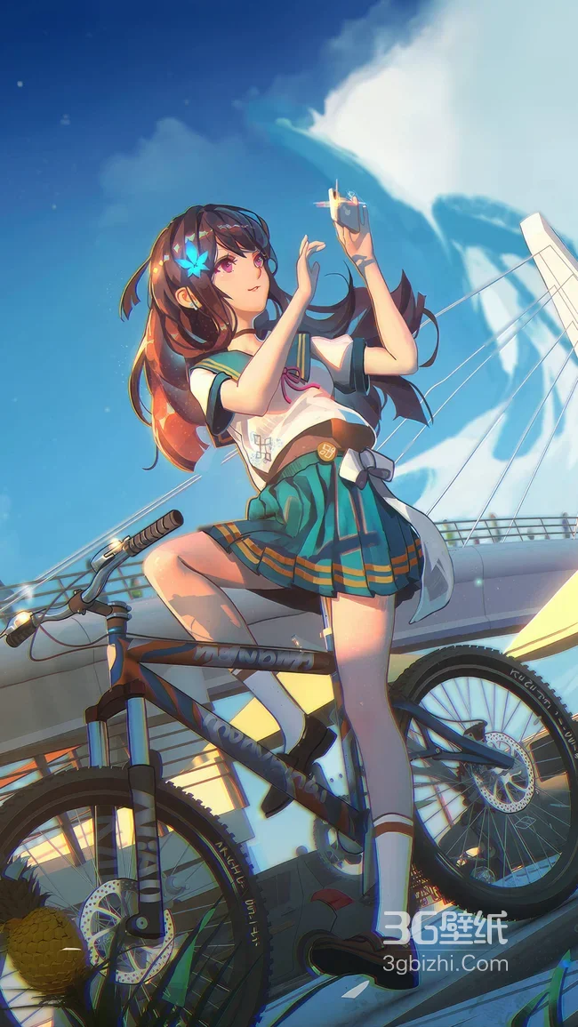 日系校服少女自行车旁拍照 清新二次元热门手机壁纸1