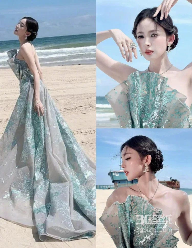 古力娜扎·蓝绿亮片抹胸裙 唯美户外写真 明星时尚大片4