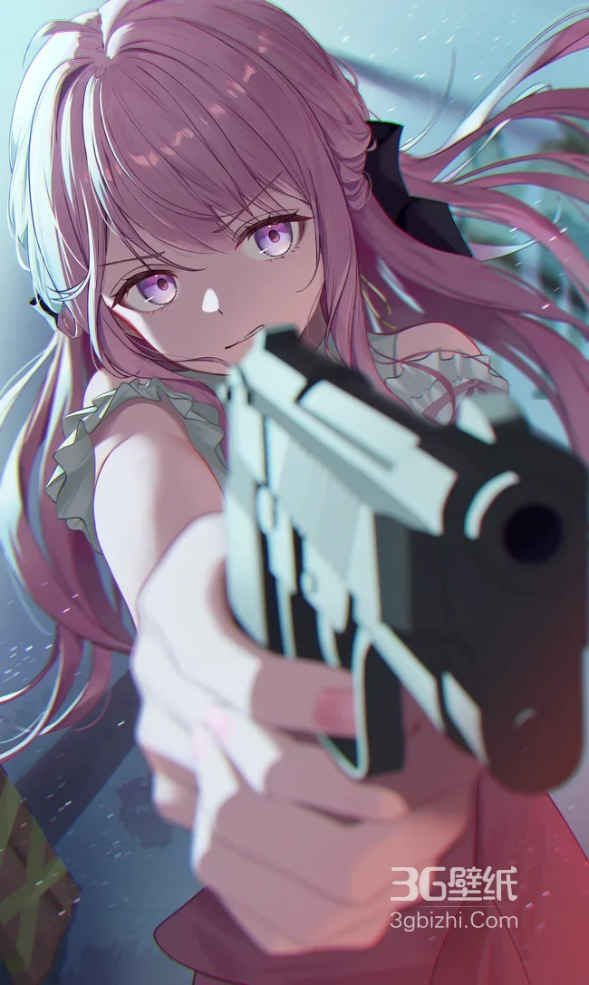 二次元唯美粉发紫眸持枪少女·动漫风手机壁纸1