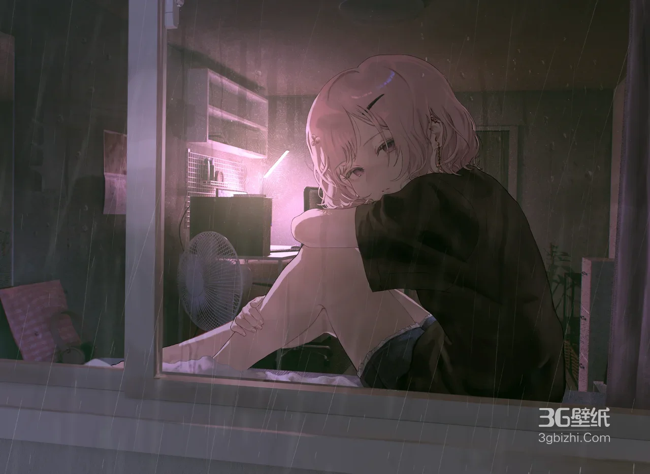 粉色短发少女·雨夜独处 唯美二次元 雨夜氛围感壁纸1