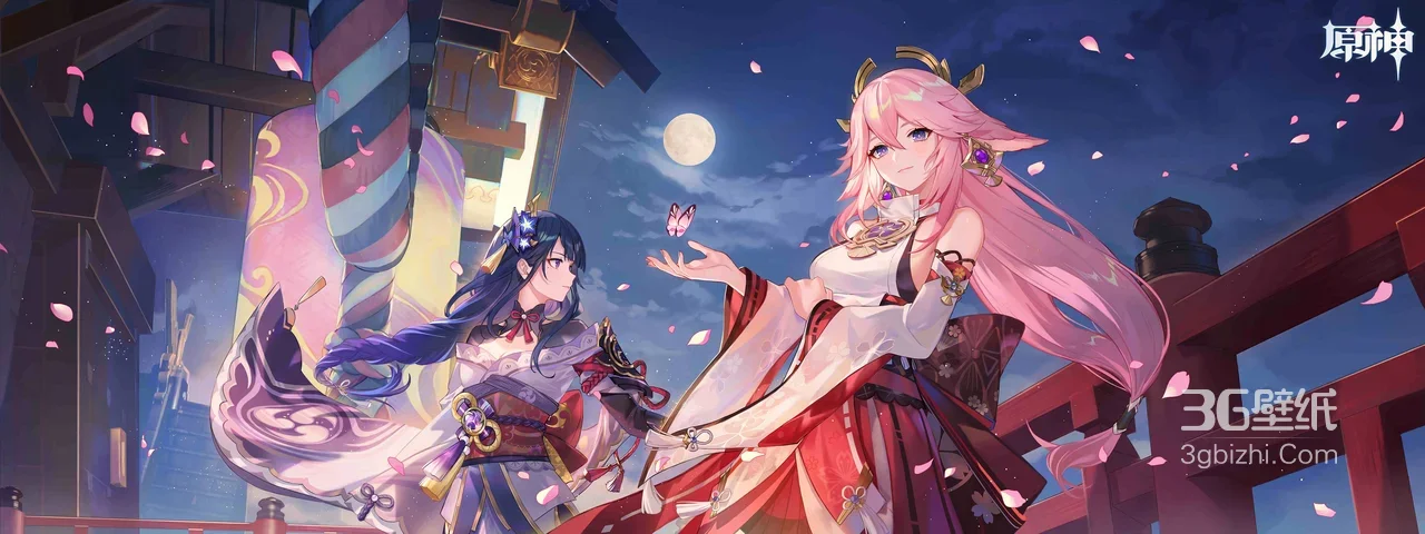 八重神子·狐耳粉发 雷电将军·紫发和服 原神唯美和风宽屏桌面背景1