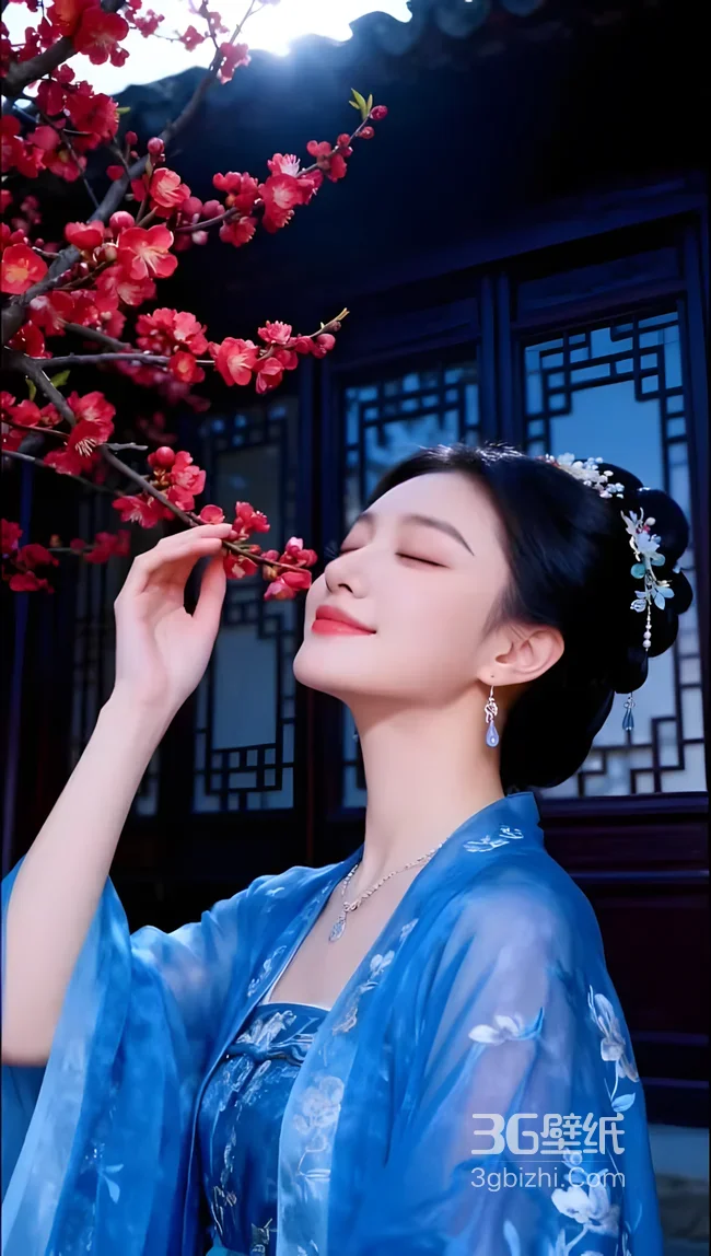古风女子轻嗅红梅 国风唯美中式庭院壁纸（古风美女壁纸）1