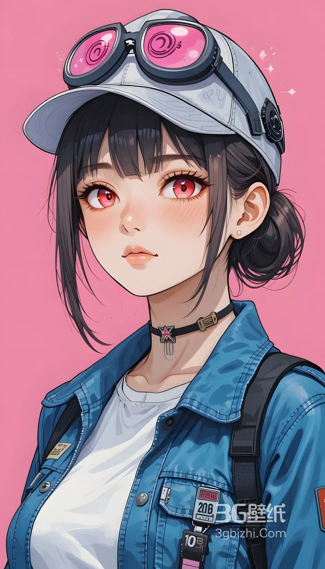 二次元原创插画女孩·粉瞳护目镜牛仔风 潮流手机壁纸推荐1