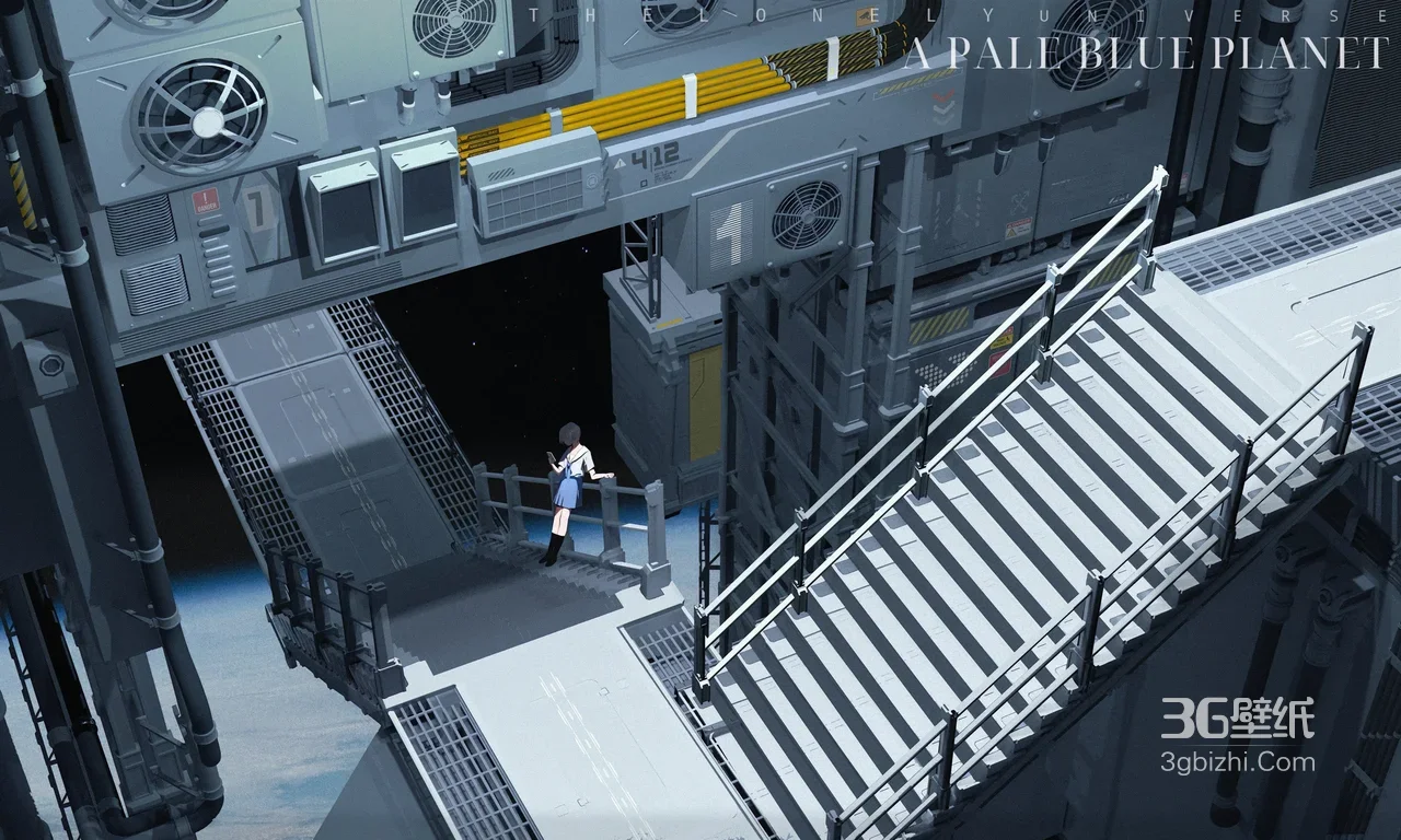 科幻太空站·少女眺望 二次元机械风电脑壁纸（A PALE BLUE PLANET）1