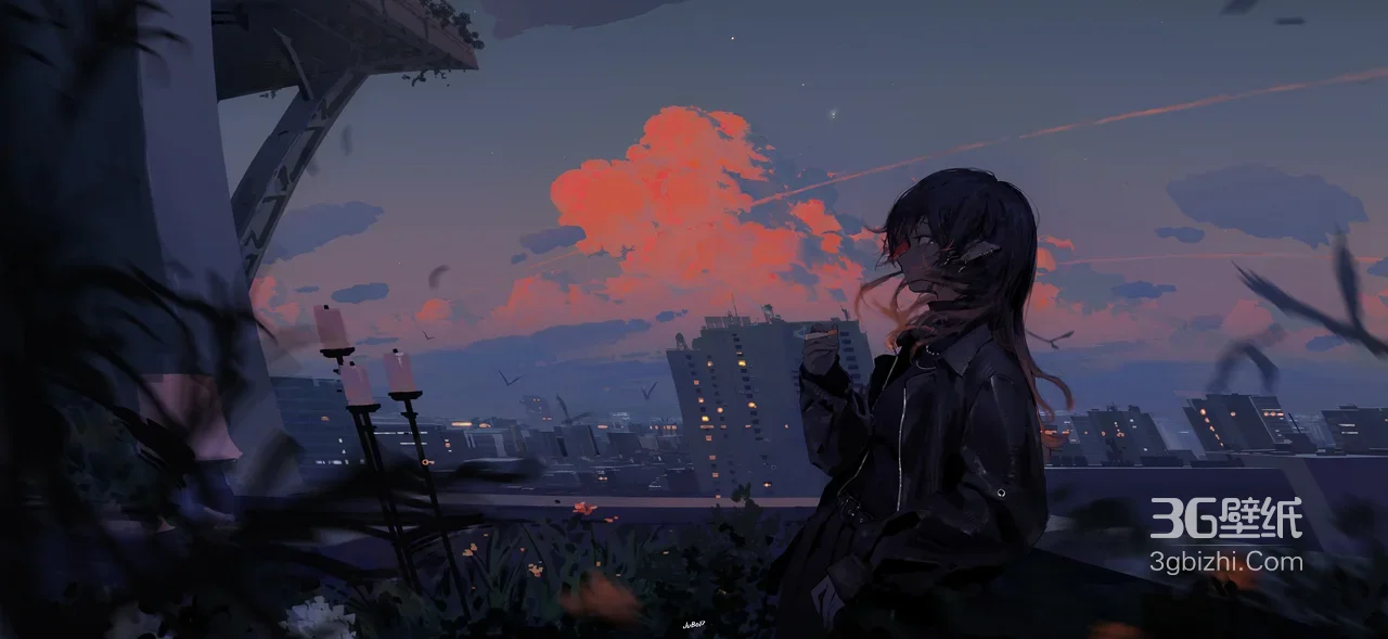 暗黑系二次元少女·城市黄昏天台 原创插画宽屏电脑壁纸1
