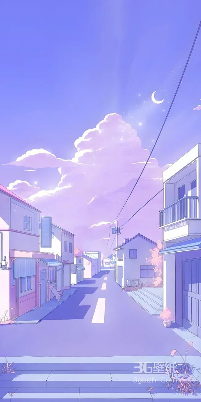 二次元唯美日系小镇街道（Honey果酱插画） 粉紫治愈手机壁纸1
