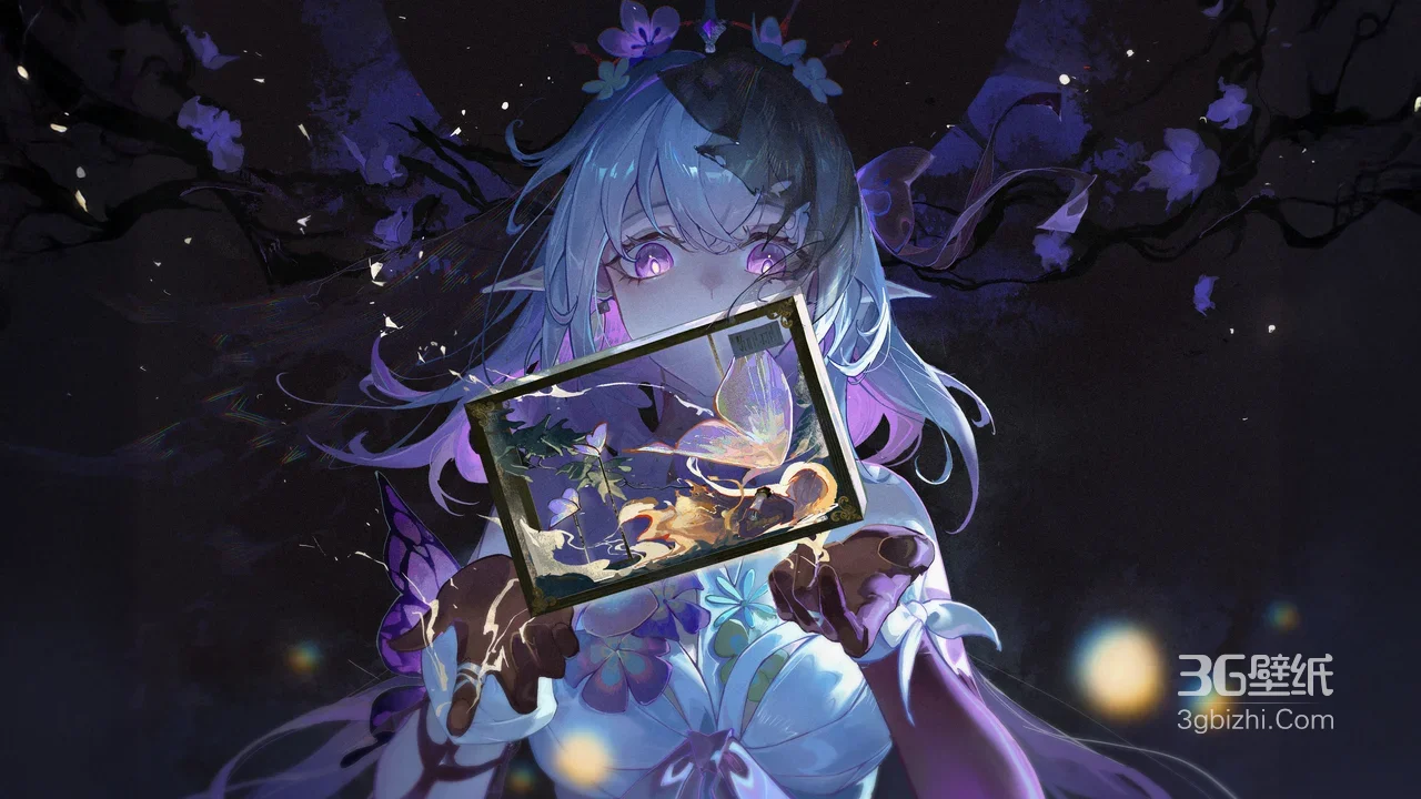 蝶翼精灵少女·紫眸持画框 唯美暗黑原创插画宽屏壁纸1
