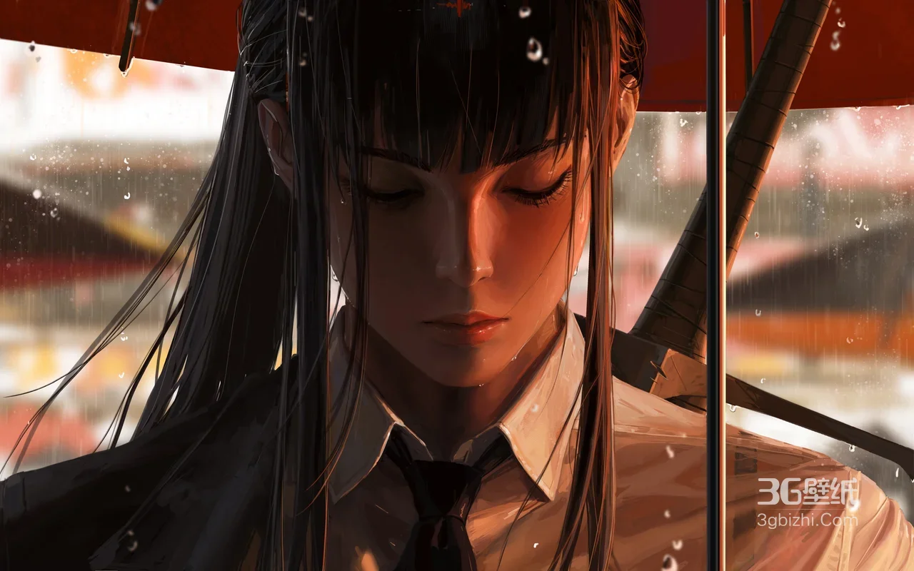黑长直武士刀少女·写实插画 雨天电脑壁纸1