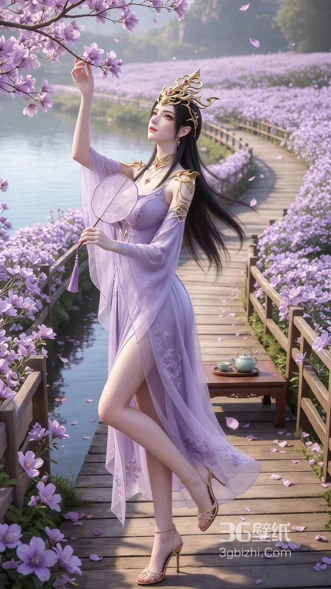 国漫古风紫裙女子·美杜莎·唯美国风 花海木桥手机壁纸推荐1