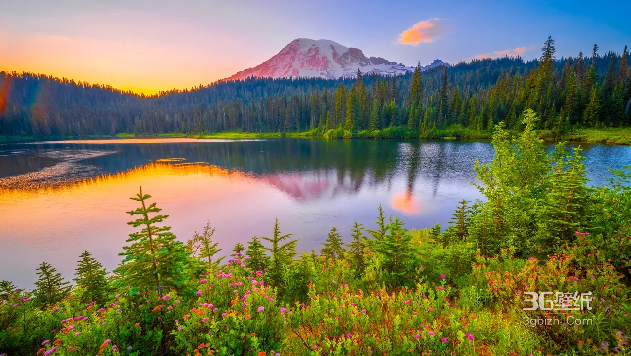 雪山湖泊花海森林·唯美写实·日落自然风景超高清壁纸1