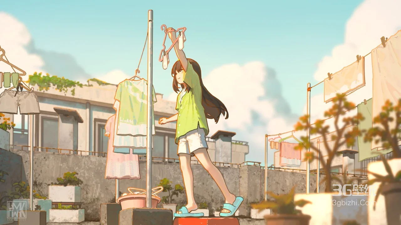 天台晾衣少女·国漫清新风 治愈生活场景电脑壁纸1