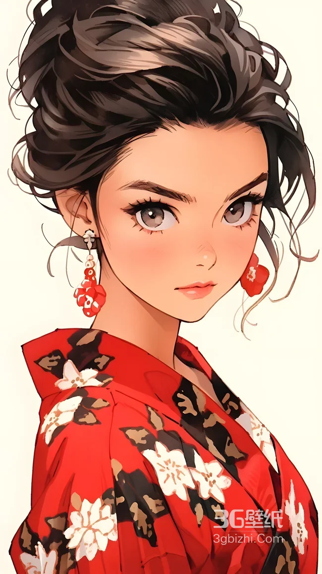 和风二次元少女·红和服盘发耳饰 高人气壁纸1