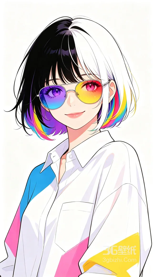 二次元动漫女孩·彩虹发尾渐变眼镜 个性潮流手机壁纸1