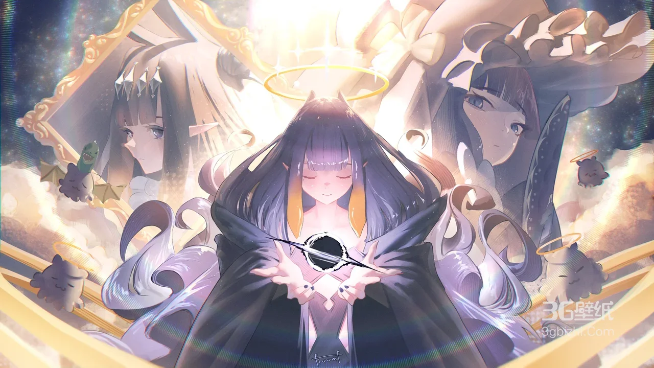 紫发精灵耳少女·持黑洞 唯美二次元梦幻超宽屏电脑壁纸1