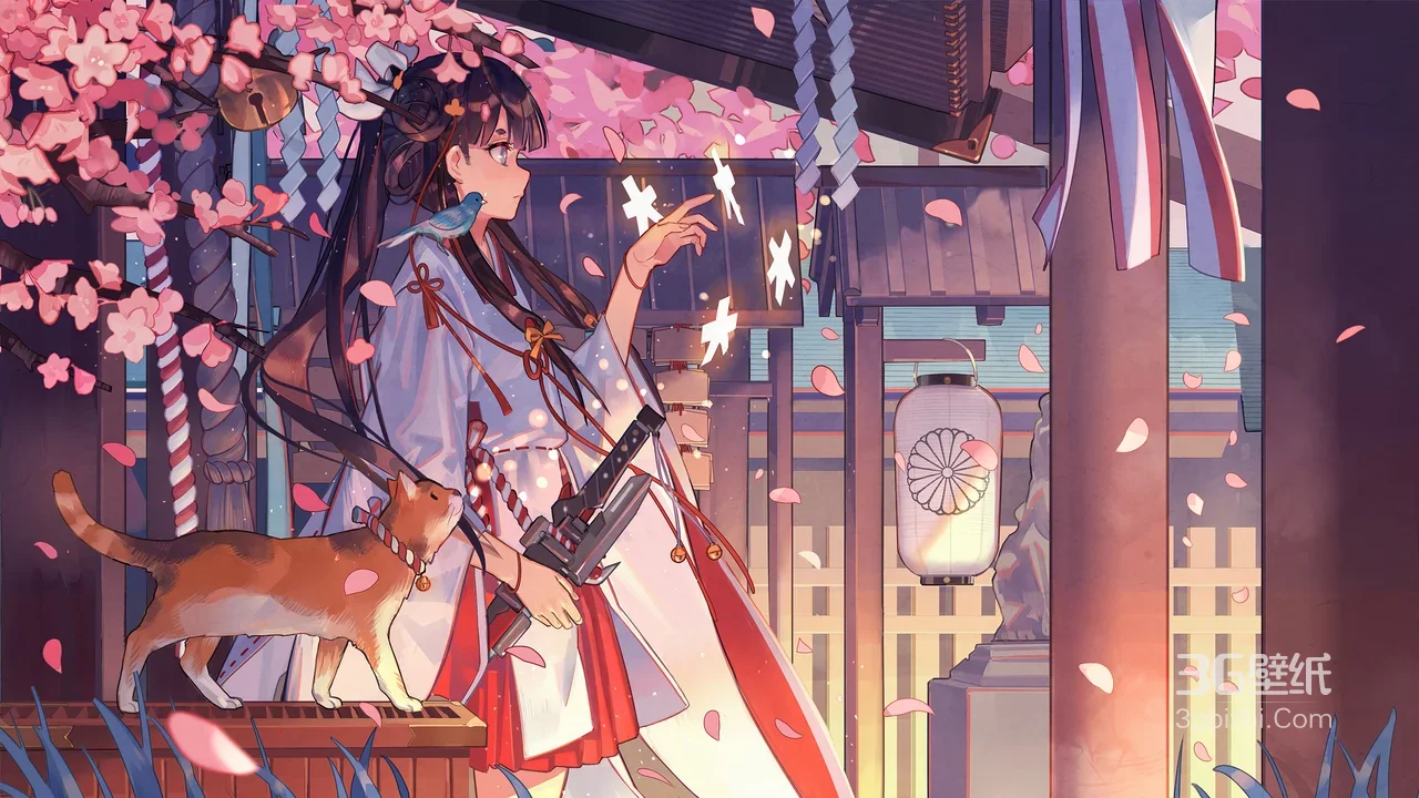 巫女服少女·持械御灵 日系樱花神社二次元唯美电脑壁纸1