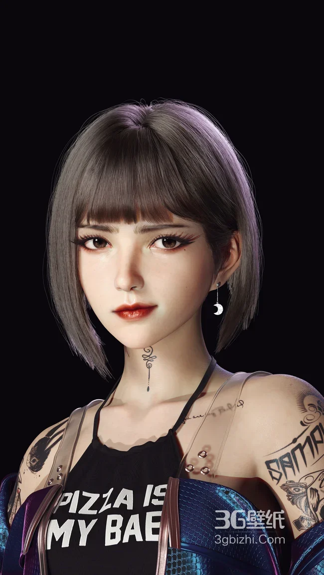 潮酷纹身短发少女·赛博朋克写实风·原创3D手机壁纸1