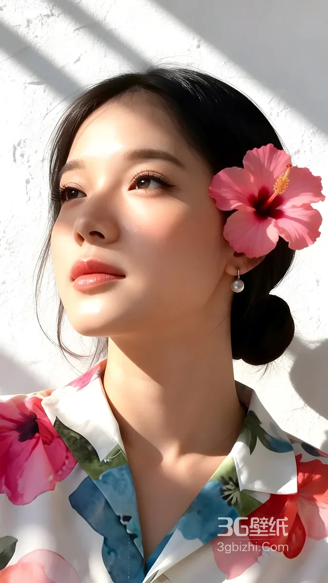 气质女性·扶桑花点缀·唯美花衬衫风 高清手机壁纸1