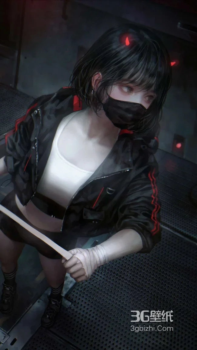 暗黑赛博风少女·红纹夹克绷带手 高质感暗黑系手机壁纸1