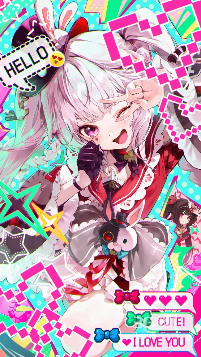 二次元萌系兔耳少女·像素霓虹风 高人气二次元手机壁纸1