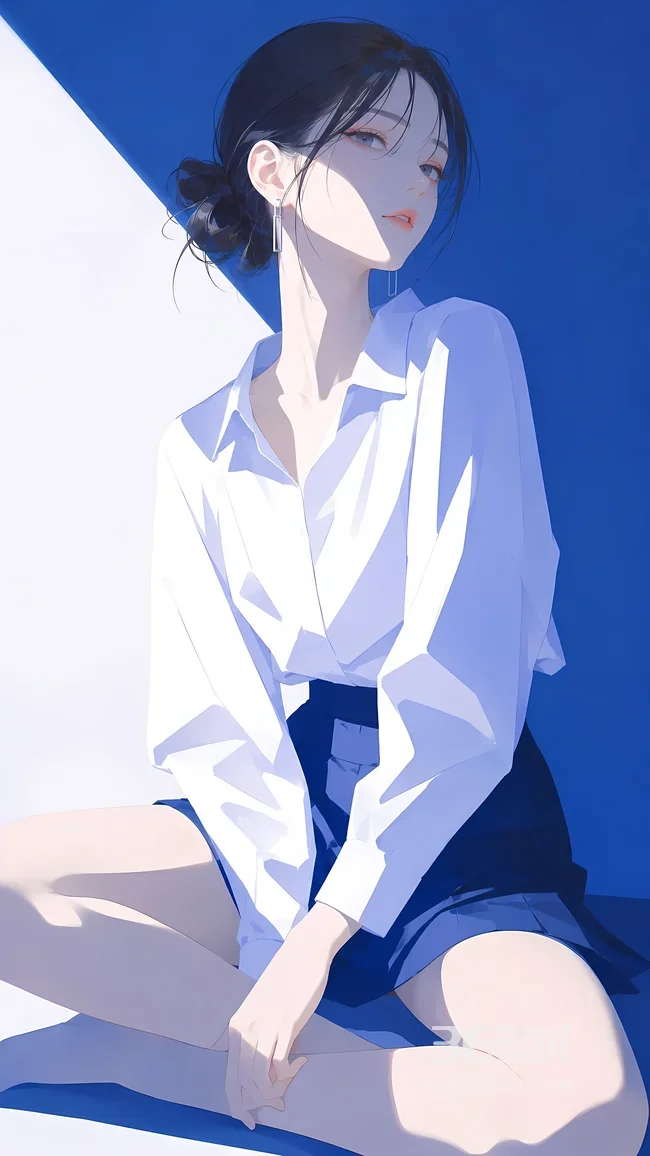 手绘气质女生·白衬衫蓝裙 唯美清新风热门壁纸1