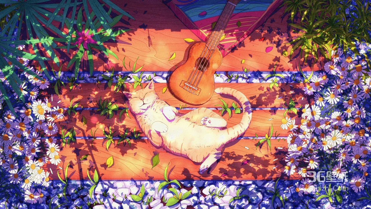 橘猫尤克里里雏菊庭院 治愈系二次元插画电脑壁纸1