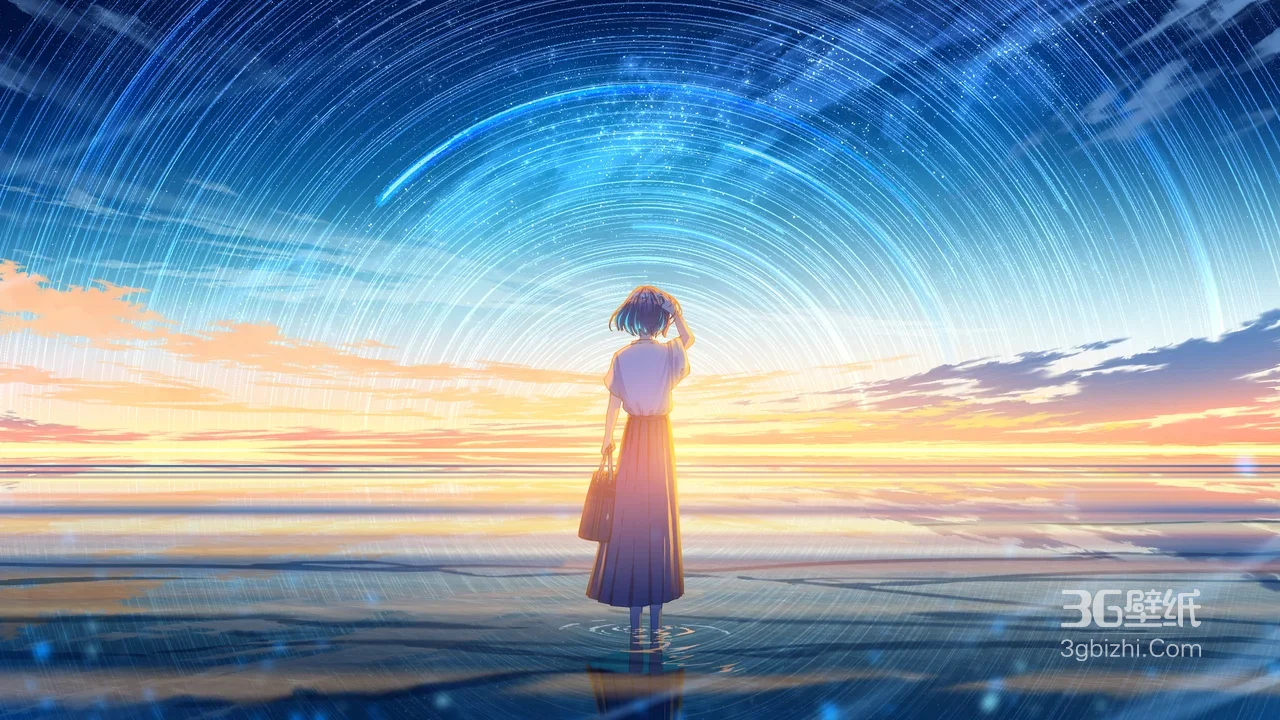 海边动漫女孩·星空海平线唯美电脑壁纸1