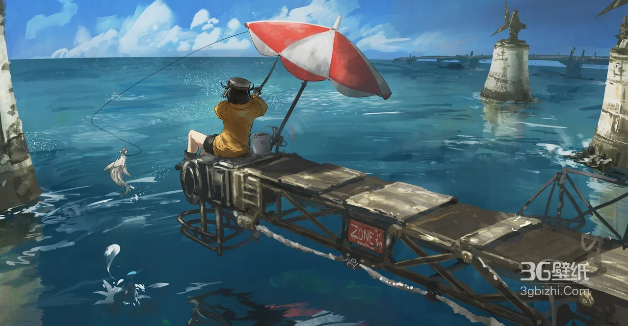 少女海钓·机械码头海洋 二次元治愈风宽屏电脑壁纸 ###1