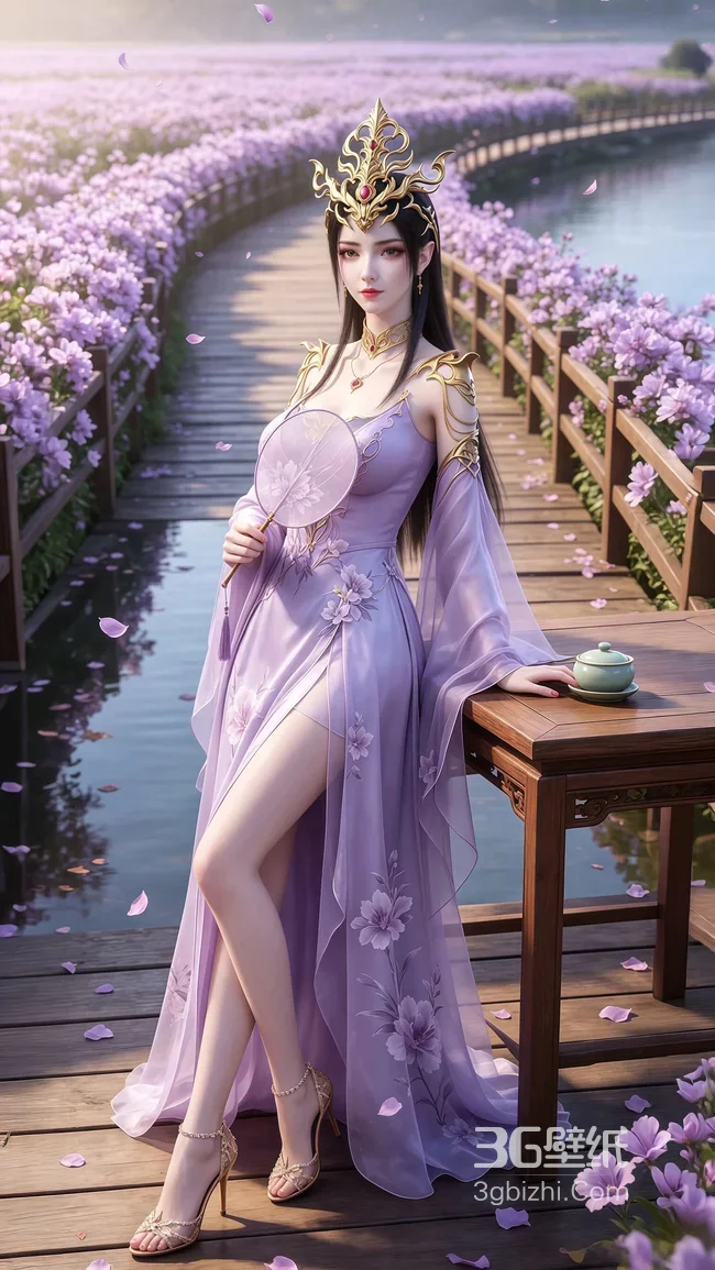 古风美女·美杜莎·紫裙团扇·国风唯美游戏风 花海木桥壁纸1