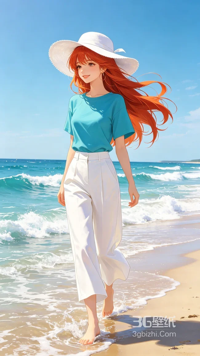 红发少女·白帽宽裤 二次元唯美夏日海边漫步手机壁纸1
