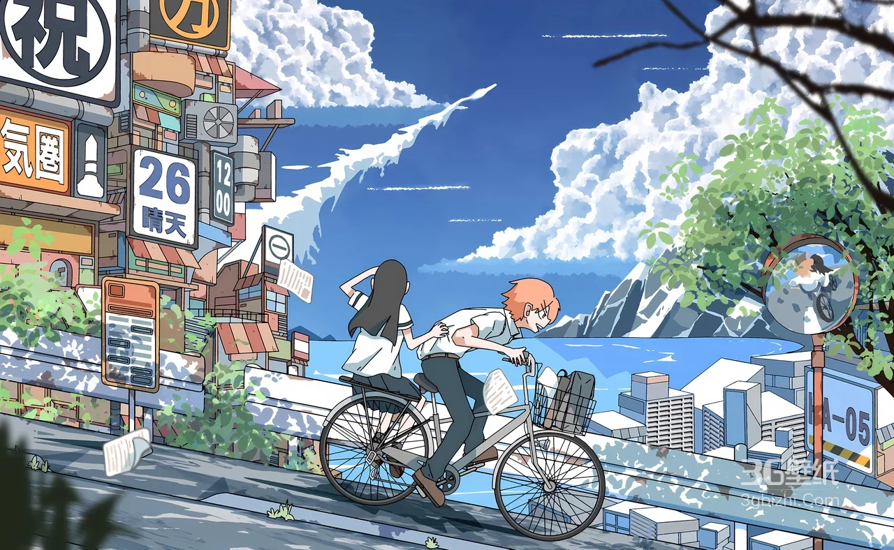 校服少年载少女骑行·国漫清新风 城市湖景雪山电脑壁纸1