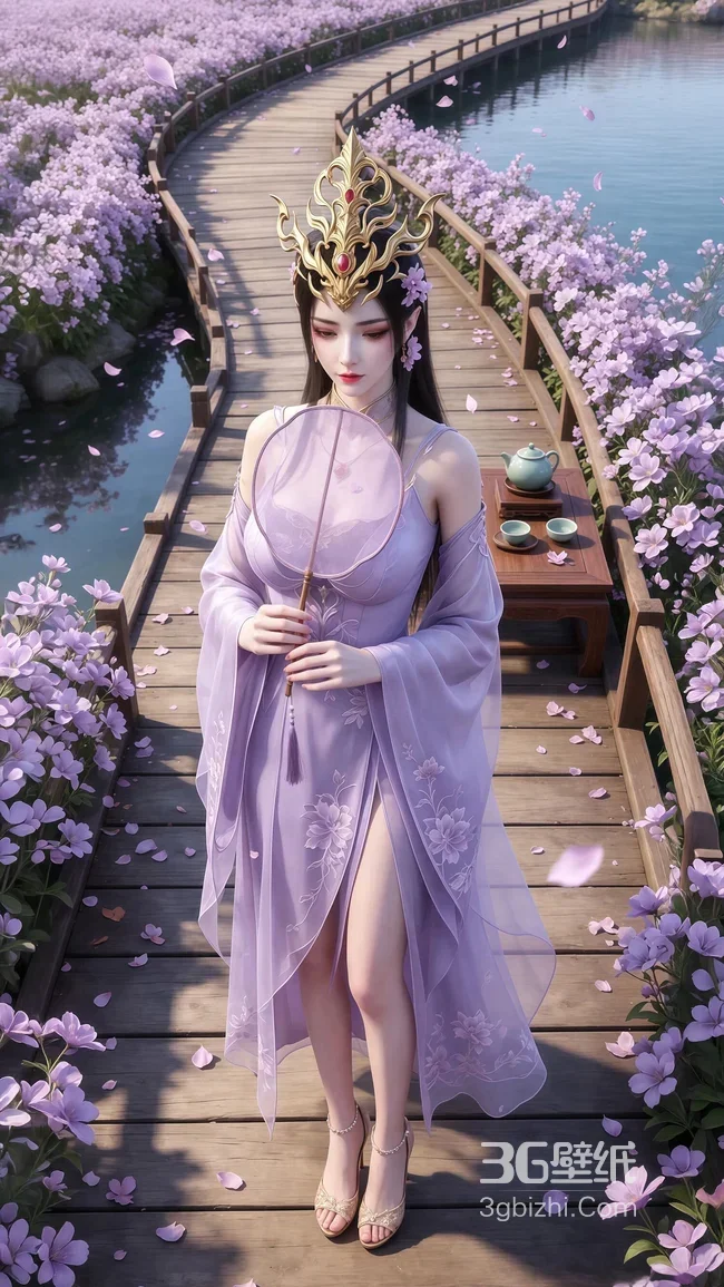 美杜莎·紫裙团扇 国风花桥茶席 唯美古风壁纸1