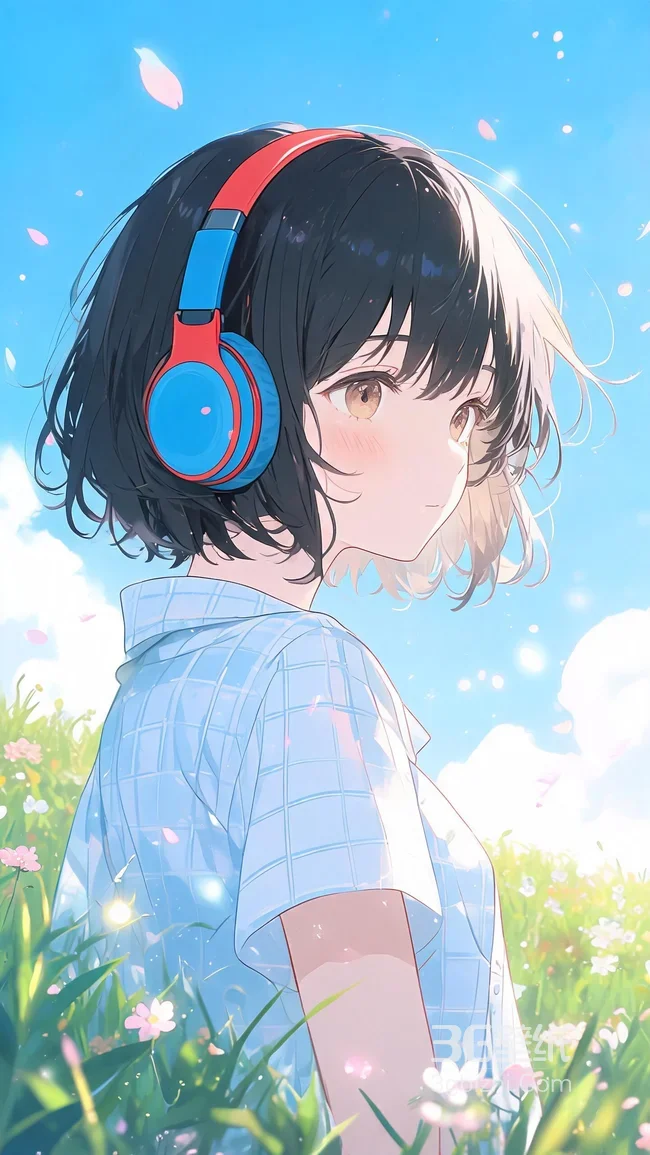 短发少女·红蓝耳机 日系唯美二次元动漫风手机壁纸1