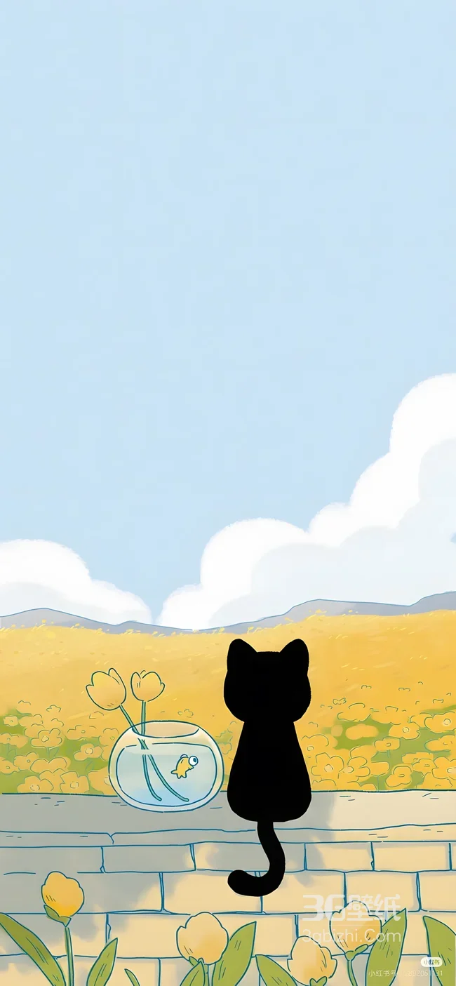 黑猫与鱼缸·花海田园·治愈系插画手机壁纸（清新治愈）1