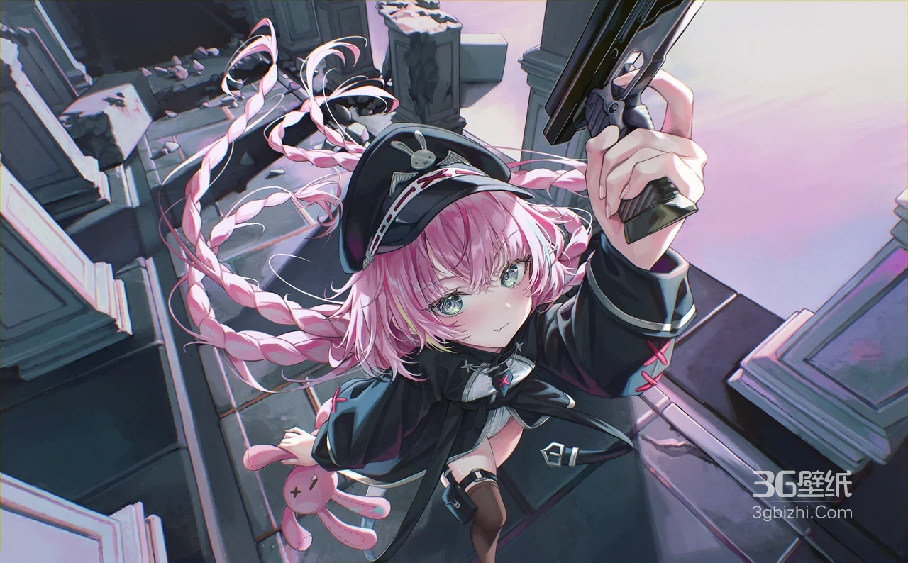 粉色双辫少女·暗黑制服持枪·二次元动漫电脑壁纸1