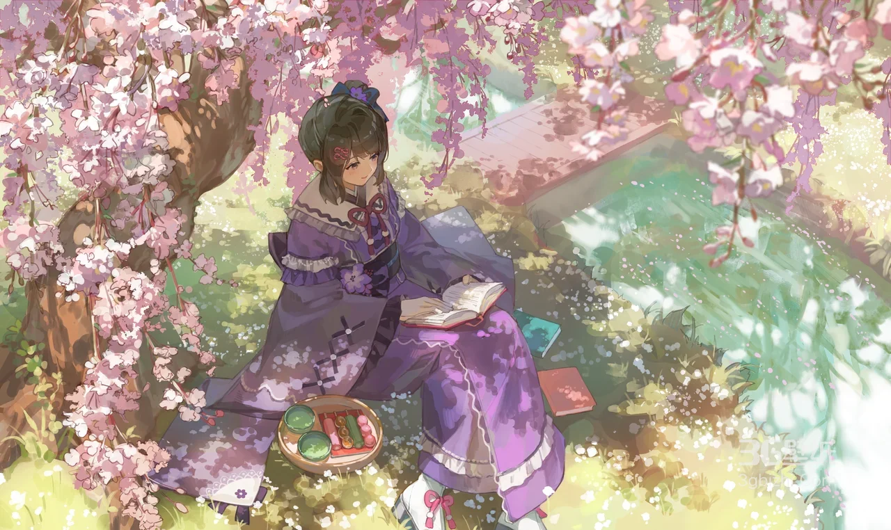 和服少女·樱花树下读书 唯美日系和风原创插画 电脑壁纸1