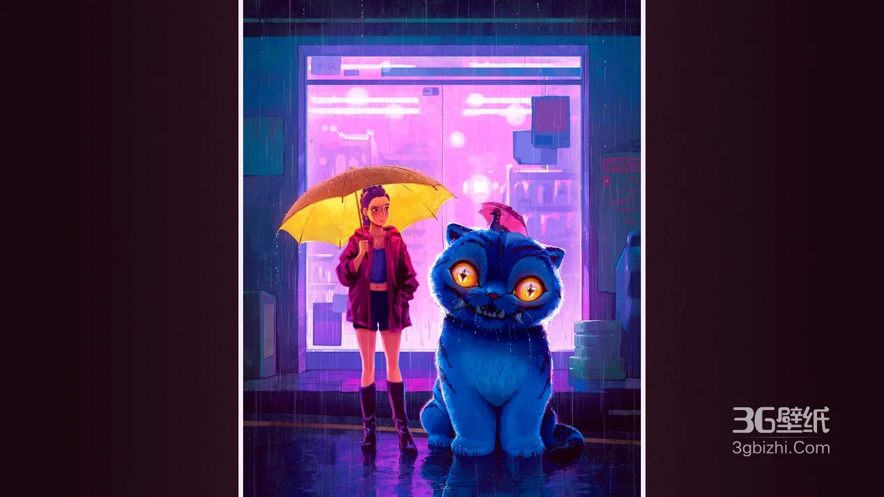 雨夜女孩与巨型蓝猫·赛博朋克国漫插画 高热度电脑壁纸1