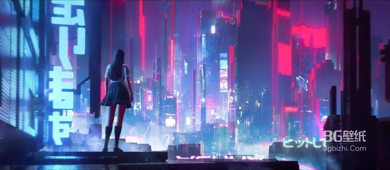 JK少女·赛博朋克霓虹都市插画 宽屏电脑壁纸1