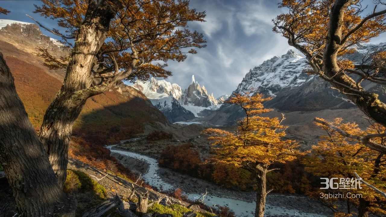 巴塔哥尼亚秋景·雪山河流金黄林·唯美宽屏电脑壁纸1