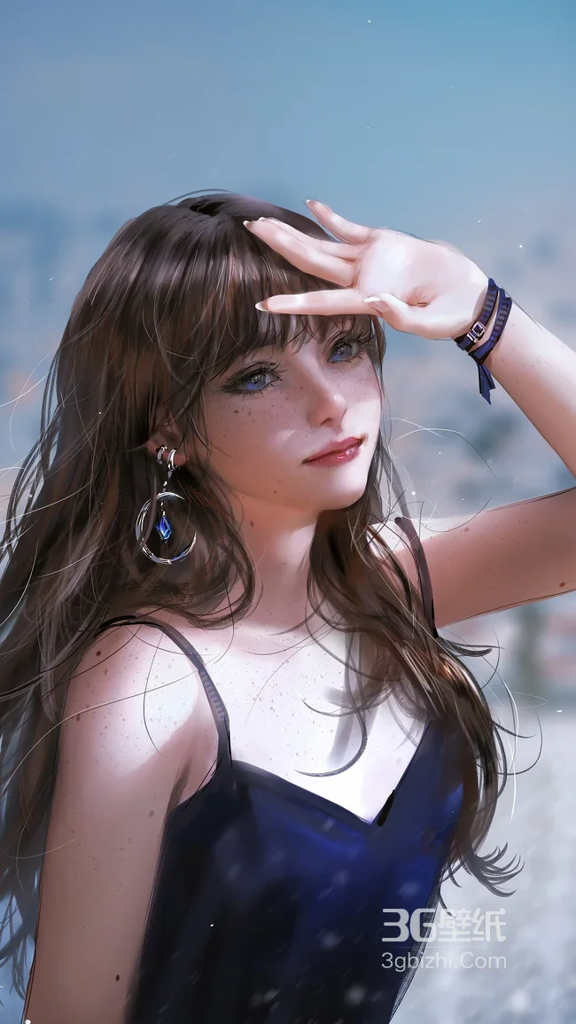 写实唯美雀斑少女·蓝眸蓝裙 户外清新手机壁纸精选1