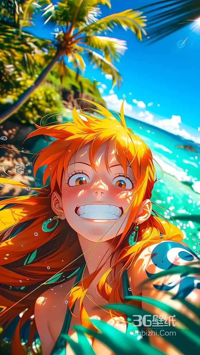 娜美·海滨活力笑颜 二次元动漫海贼王 热带海岛壁纸1