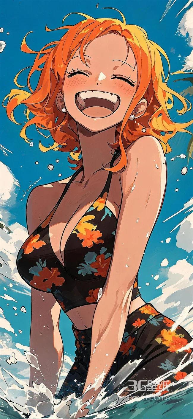 海贼王娜美·海边戏水花泳衣 日系动漫风手机壁纸（高点击航海热血风）1