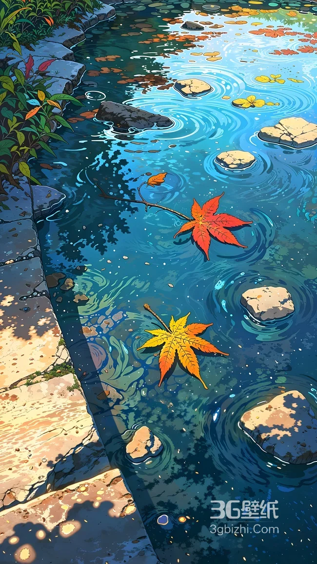 清澈池塘落叶石径·国漫唯美风·秋季治愈手机壁纸1
