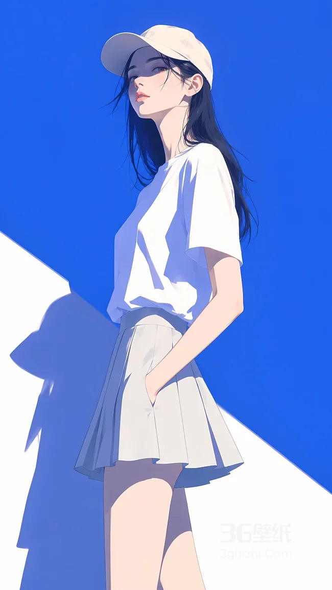 清新少女·白帽白T百褶裙 唯美手机壁纸1