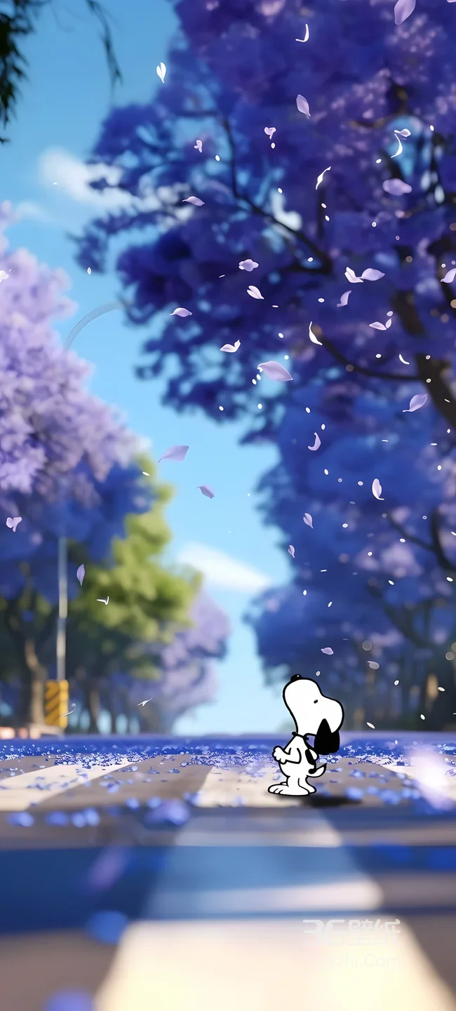 史努比·仰望花瓣 蓝花楹街道唯美动漫风 治愈系壁纸1