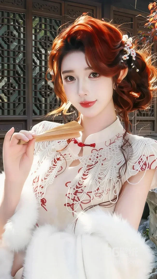 红发性感国风美女·持折扇中式旗袍 唯美古风手机壁纸1